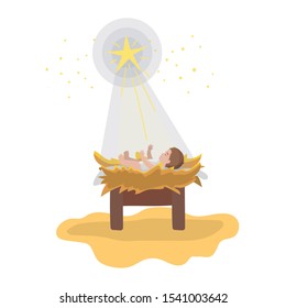 jesus christ baby in cradle with star manger character vector illustration design