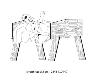 Jesus Christ baby lying in manger 2D line bible character. Messiah birth. Newborn savior with halo swaddled in straw bedding isolated vector ink outline person. Monochromatic spot illustration