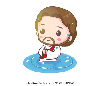 Jesus Christ baptized cartoon character. Cute mascot illustration. Isolated white background. Biblical story Religion and faith.