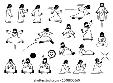 Jesus Christ Basic Action Postures And Poses In Icon Pictogram. Stick Figure Set Of Jesus Christ Character Standing, Running, Jumping, Meditating, Flying, Levitate, Sitting Down, And Praying. 