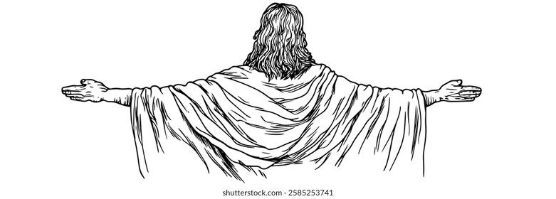 jesus christ from behind with open arms vector doodle black sketch illustration