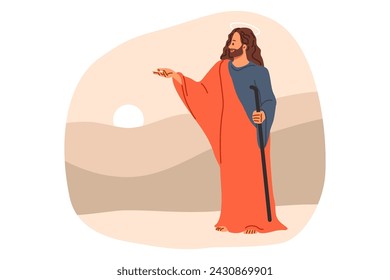 Jesus christ from bible and christian religion, stands near hills and sunset, giving parting words to followers. Messiah of catholic faith, jesus with kind expression on face extends hand forward