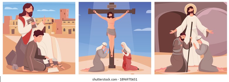 Jesus christ with bible his crucifixion and resurrection flat compositions set isolated vector illustration