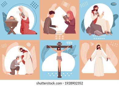 Jesús cristo crucifixión de nacimiento resurrección y niños leyendo composiciones planas biblias conjunto ilustración vectorial aislada