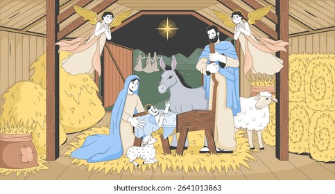 Jesus Christ birth nativity flat illustration. Bible story. Stable with holy baby in manger, Mary, Joseph under Bethlehem star 2D bible characters cartoon background. Colorful scene vector art image