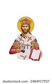 Jesus Christ Bishop sitting on the throne illustration in Byzantine style isolated