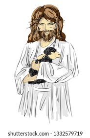 Jesus Christ with black sheep, Christian Cartoon Vector
