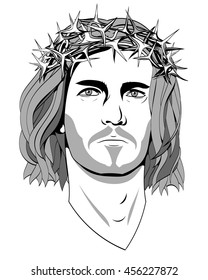 Jesus Christ, a black and white monochrome. Long hair, a crown of thorns, shading. The man's head, bust. The religious significance. It can be used as a tattoo or shirt printing. Vector.