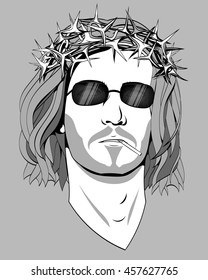 Jesus Christ, a black and white monochrome. Long hair, a crown of thorns, sunglasses, cigarette, shading. The man's head, bust. It can be used as a tattoo or shirt printing. Vector.