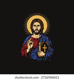 Jesucristo Bendiciendo con la Biblia y los Rayos de Luz – Ilustración vectorial
