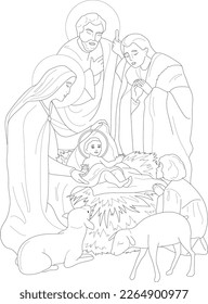 Jesus Christ born in barn with apostles and sheeps graphic sketch template. Christian cartoon vector illustration in black and white for games. Children`s story book, fairytail, coloring paper, page. 