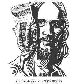 Jesus Christ and bundle of money in his hand, graphic portrait. Hand drawing. 