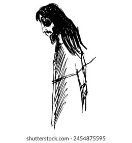 Jesus Christ. Captive tied man. Standing sad long haired and bearded male character. Hand drawn linear doodle rough sketch. Black and white silhouette.