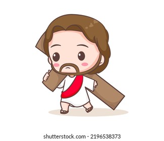 Jesus Christ carrying cross cartoon character. Cute mascot illustration. Isolated white background. Biblical story Religion and faith.