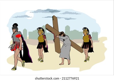Jesus Christ carrying the cross, of  easter symbol, vector illustration