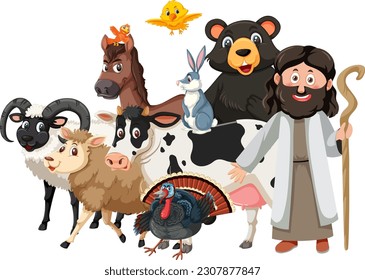 Jesus Christ cartoon character with animal illustration