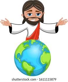 Jesus Christ cartoon open arms over the Earth Planet isolated on white. The savior of the world