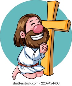 Jesus Christ catoon character with cross on white background illustration