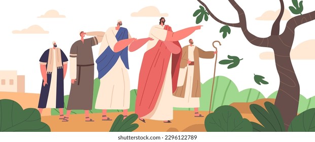 Jesus Christ Character Curses Fig Tree, Disciples Witness Withering. Symbolic Lesson On Faith And Forgiveness