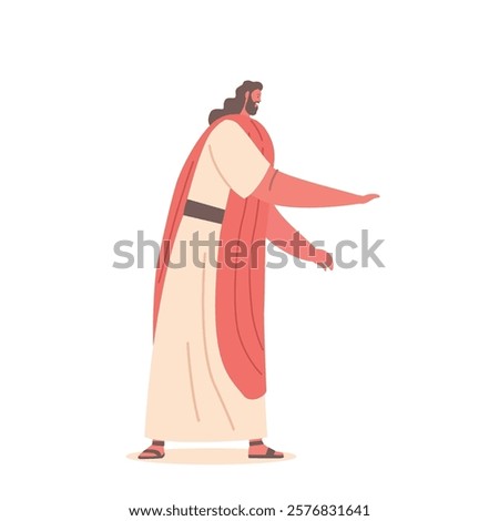 Jesus Christ Character Stands With Stretched Arm, Hand Open And Upward, Offering Healing To The Afflicted People