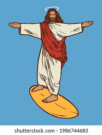 Jesus Christ character surfing isolated vector illustration.