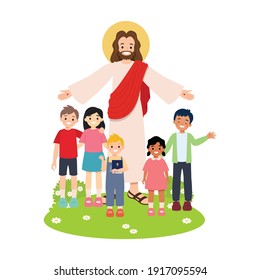 Jesus Christ with children of different races. Bible study group clip art isolated. Flat vector cartoon style.