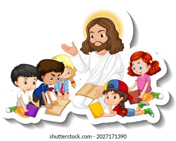 Jesus Christ with children group sticker on white background illustration