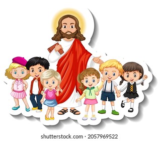 Jesus Christ with children group sticker on white background illustration