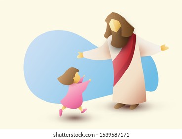 Jesus Christ with children, Messiah symbol of Christianity hand drawn vector.