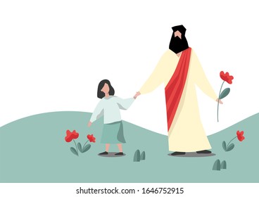 Jesus Christ with children, Messiah symbol of Christianity hand drawn vector.