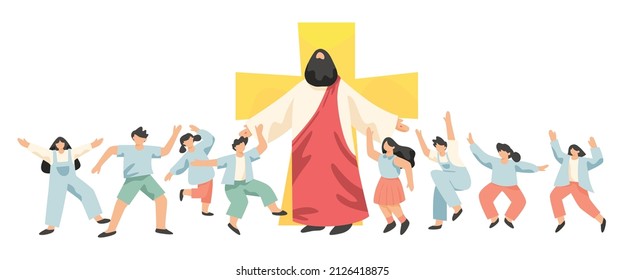 Jesus Christ with children, Messiah symbol of Christianity hand drawn vector.