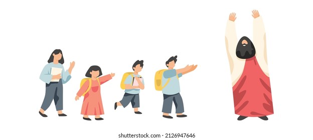 Jesus Christ with children, Messiah symbol of Christianity hand drawn vector.