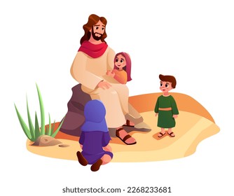 Jesucristo con niños al aire libre. Historias de la Biblia. Ilustración vectorial en estilo de caricatura.