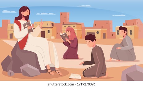 Jesus christ and children reading holy bible flat vector illustration