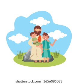 Jesus Christ with children sitting in the stone outdoor. vector illustration