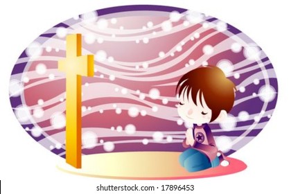 Jesus Christ and Christian - a cute child with holy faith on purple background with wave and bubble patterns : vector illustration