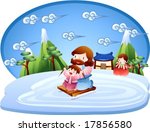 Jesus Christ and Christian - cute young children play with the Lord in the sledge park on winter vacation on a background with bright blue sky and beautiful natural scenery : vector illustration