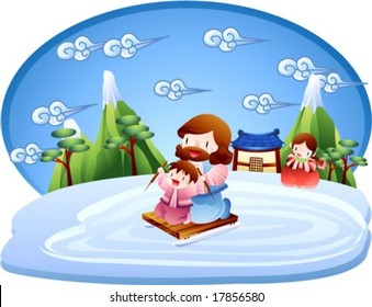 Jesus Christ and Christian - cute young children play with the Lord in the sledge park on winter vacation on a background with bright blue sky and beautiful natural scenery : vector illustration