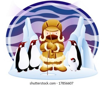 Jesus Christ and Christian - the Lord enjoy ice fishing with cute penguins in the fishing ground on a background with beautiful colorful sky and cold icy land : vector illustration