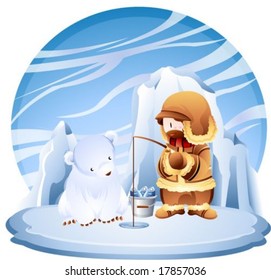 Jesus Christ and Christian - the Lord enjoy ice fishing with a cute young polar bear in the fishing ground on a background with beautiful blue sky and cold icy land : vector illustration