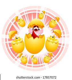 Jesus Christ and Christian - the Lord hatches from yellow egg with cute little chicks on pink and white background with round frame : vector illustration