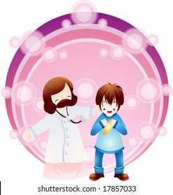 Jesus Christ and Christian - the Lord heal a cute young boy with a sticking plaster in the beautiful heaven on white and pink background of purple round frame and bubble patterns : vector illustration