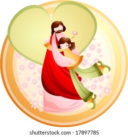 Jesus Christ and Christian - the Lord and lovely girl hug each other on a background with brown circle frame and pink floral pattern : vector illustration