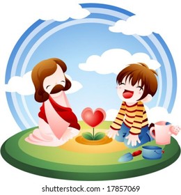 Jesus Christ and Christian - the Lord plant red heart flower with a cute young boy in the beautiful natural botanical garden on a background with bright blue sky and green grass : vector illustration