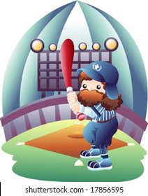 Jesus Christ and Christian - the Lord play a game of baseball with a red bat in the baseball stadium on a background with bright blue roof and green field : vector illustration
