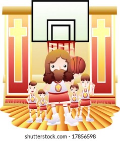 Jesus Christ and Christian - the Lord play a game of basketball with cute children in the basketball court on the background of a red curtain with yellow cross and wooden floor : vector illustration