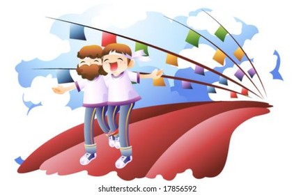 Jesus Christ and Christian - the Lord run with cute young child on the running track on the sports day on the background with bright blue sky and white clouds and colorful flags : vector illustration