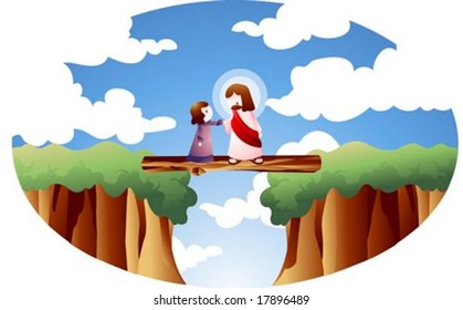 Jesus Christ and Christian - meeting and crossing with a cute young child and the Messiah in a single log bridge on a background of beautiful blue sky and white clouds : vector illustration