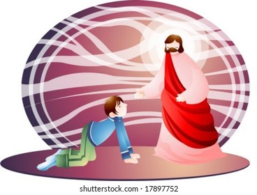 Jesus Christ and Christian - on white background with oval frame and wave pattern : vector illustration