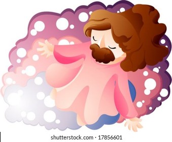Jesus Christ and Christian - pray for God's grace in the beautiful heaven on a background with purple and pink wave frame : vector illustration